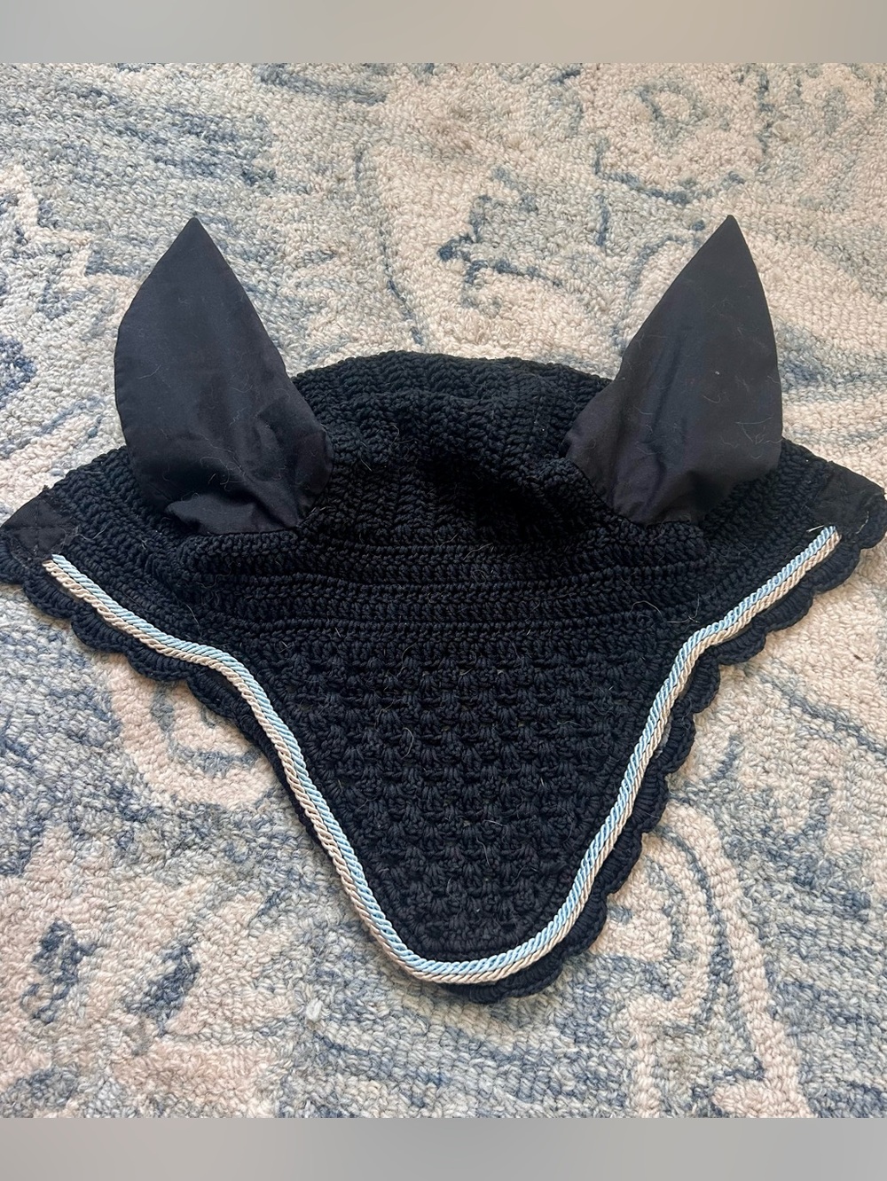 Horse Black Crochet Ear Bonnet with tan and light blue trim